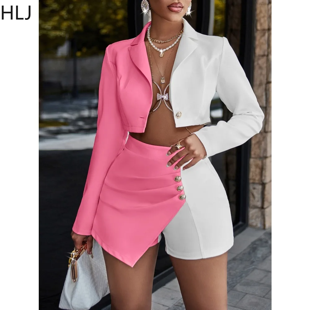 HLJ Elegant Lady Patchwork Blazer Outfits Women Turndown Collar Long Sleeve Button Crop Top + Skirts Shorts Two Piece Streetwear