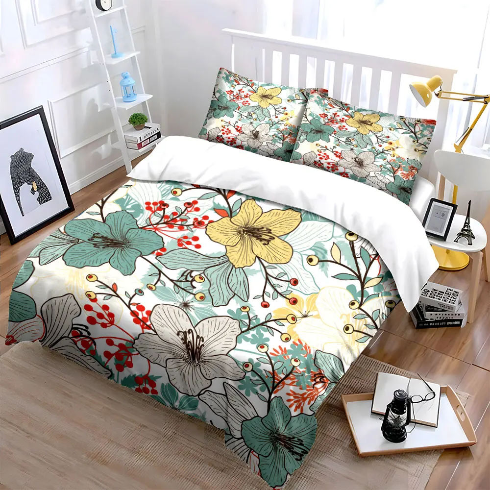 Illustrated Flowers and Branches Decor Duvet Cover Set with 3D Printing Design Soft Polyester Bedding Set All-Season Comfort