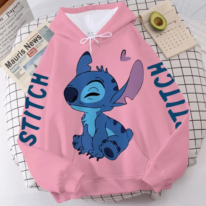 Disney Hoodie Fashion Stitch Angel Monster Letter Cartoon Sweatshirt Pullover Cute Harajuku Unisex Women\'s Pocket Top