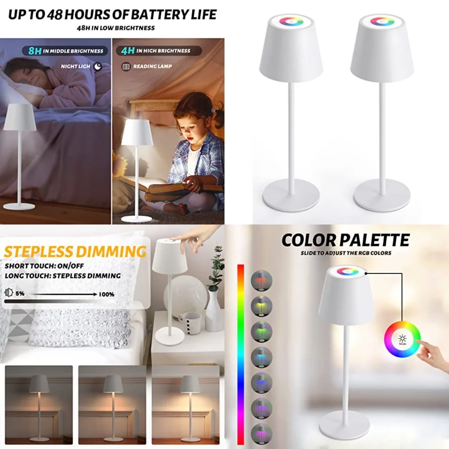 2 Pack RGB Cordless Table Lamp, 6600mWh Rechargeable Battery Desk Lamp, 3000K Stepless Dimming and Led Color Changing Night Lig