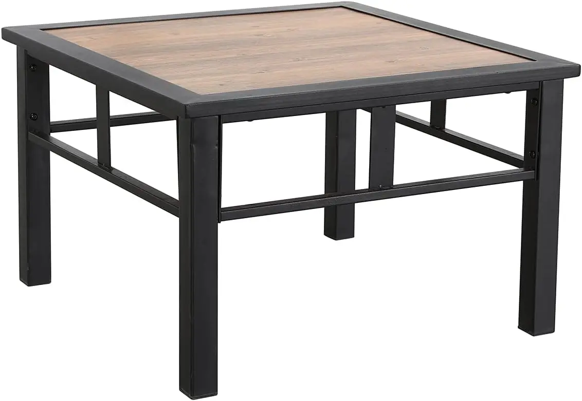 Patio Coffee Table Square Metal Table with Wood Grain Tabletop All Weather Outdoor Furniture