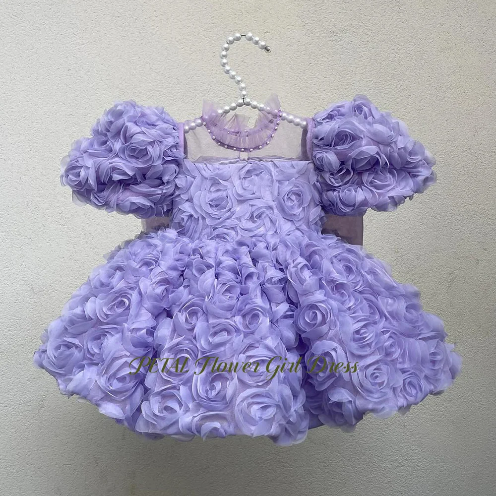 

Petal High Neck Pageant Dress with Beads Puff Sleeve Princess Girls Dress Tea Length First Communion Dress for Kids Customized