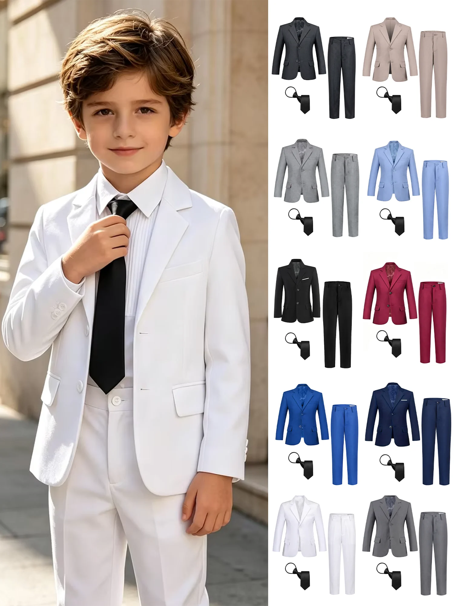 Boy's 3 Piece Formal Suit Outfit Blazer Pants Tie Slim Fit Notch Lapel Wedding School Party Size 5-16Y