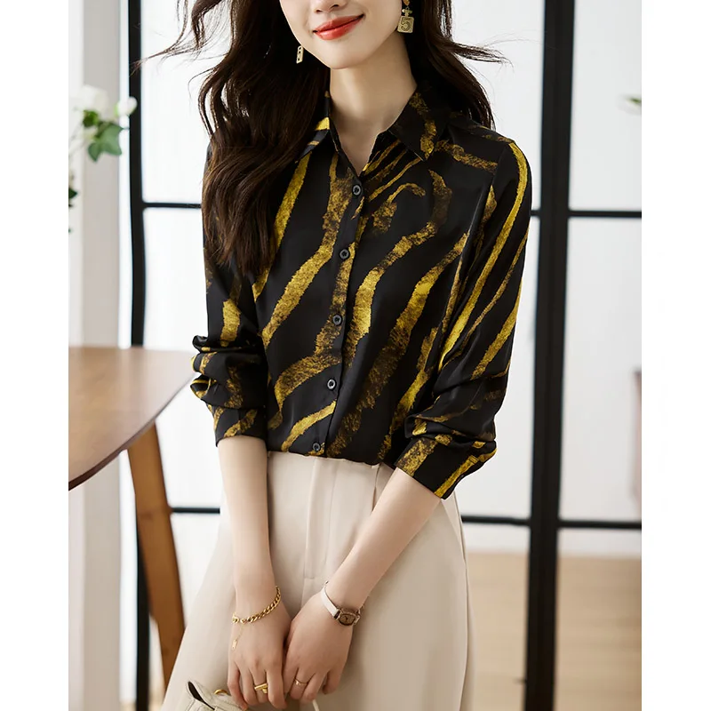 Women Clothes Golden Striped Printed Shirts Office Lady Vintage Fashion Elegant Blouses Spring Long Sleeve Top Tunics