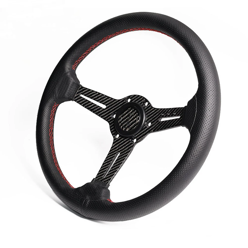 New Racing Car Modified Quick Release Steering Wheel 14 Inch Carbon Fiber Bracket Classic Leather Shallow Concave Universal