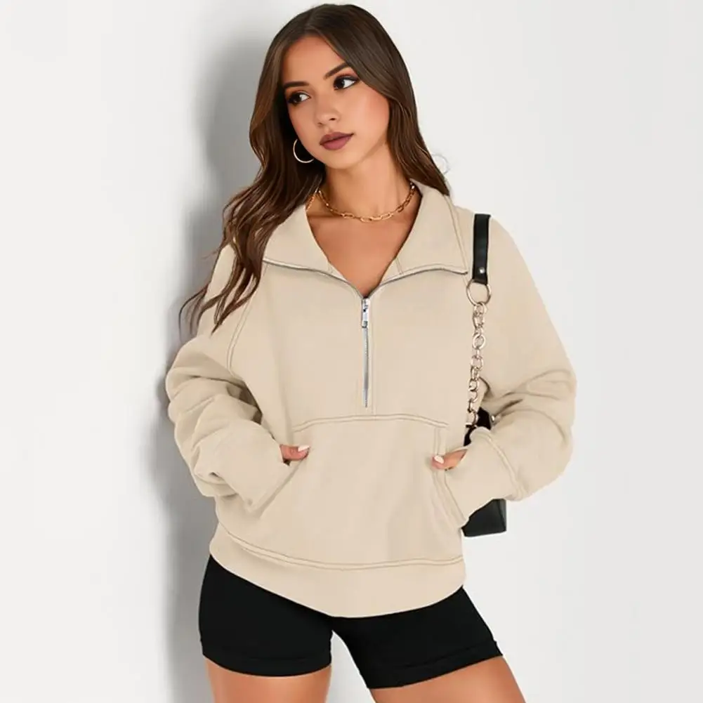 

Kangaroo Pocket Sweatshirt Cozy Half Zipper Sweatshirt with Big Pocket Turn-down Collar for Fall Winter Loose Fit Sport for Wear