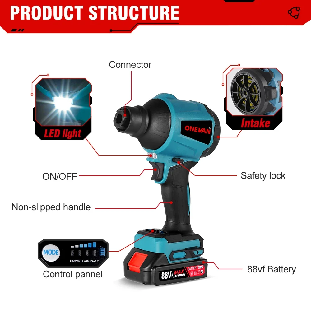 Inflador de soplador inalámbrico 8 en 1, 1000W, 40000RPM, multifunción, recargable, para batería Makita de 18v