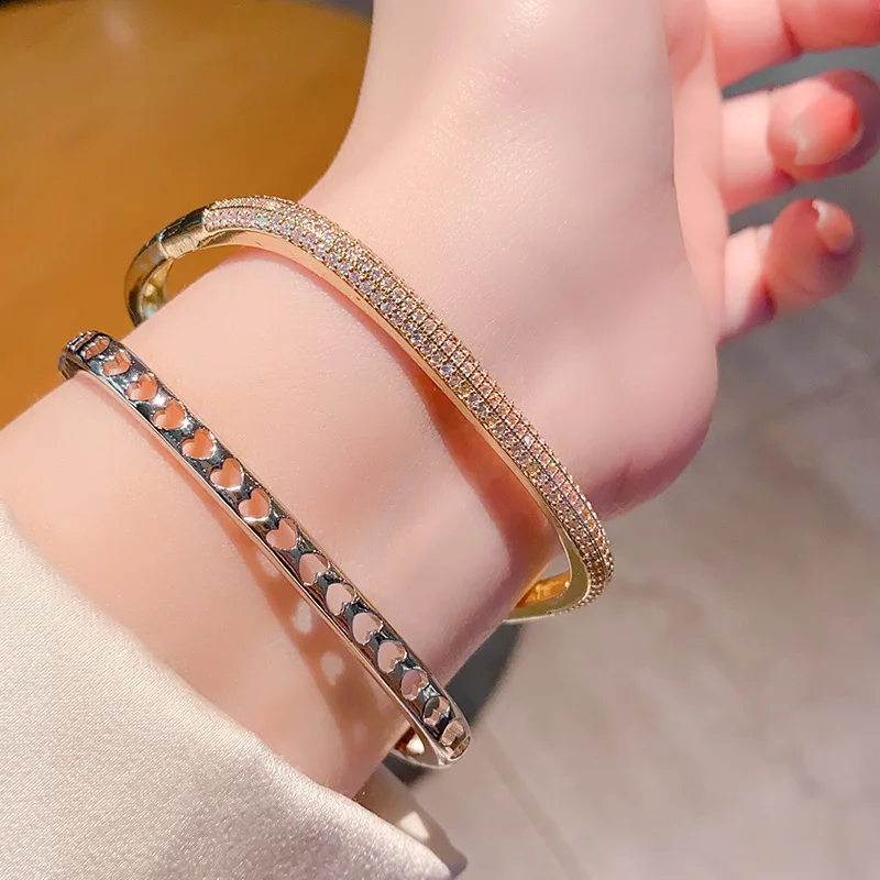New Arrival Nice Charm Luxury Female Personality Fashion Punk 18K Gold Plated Zircon Square Bracelet Bangle Hand Jewelry
