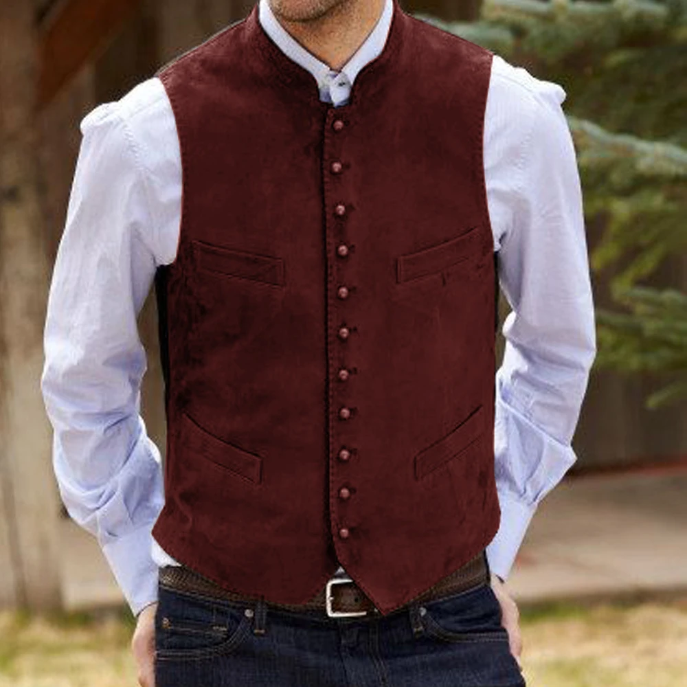 2024 outono e inverno novo colete de camurça cor sólida casual único breasted colete masculino casual coletes terno masculino weste steampunk gilet