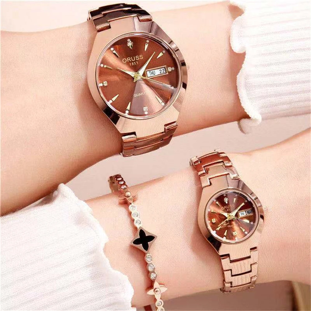 Couple Watches A pair of romantic upscale fashion all-in-one personality dual calendar durable steel belt casual business watch