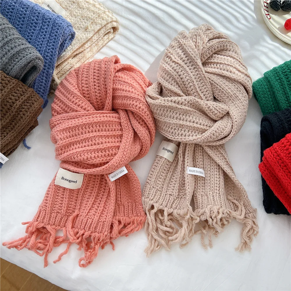 Fashion Thick Wool Knitted Scarves Plain Solid Tassel Shawls And Wraps Pashmina Stole Perfect for Autumn & Winter Style 166*30Cm