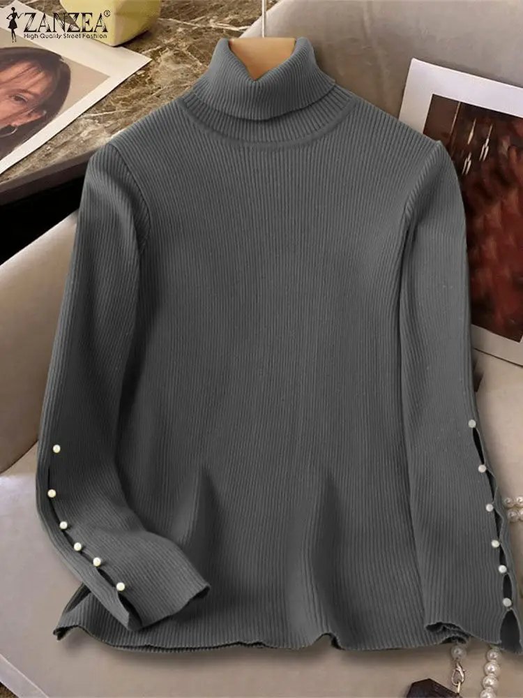 ZANZEA Ribbed Long Sleeve Jumpers Autumn 2024 Sleeve Slit Women Chic Pullovers Turtleneck Casual Korean Fashion Solid Sweaters