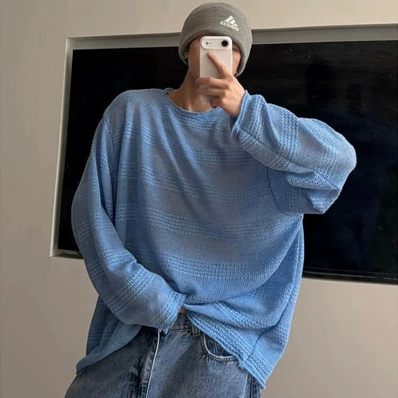 

Summer Thin Sheer Mesh Knit Cover Up, Men Women Korean Casual Lazy Style Long Sleeve Hooded, Light Blue Jacquard Design New Tops