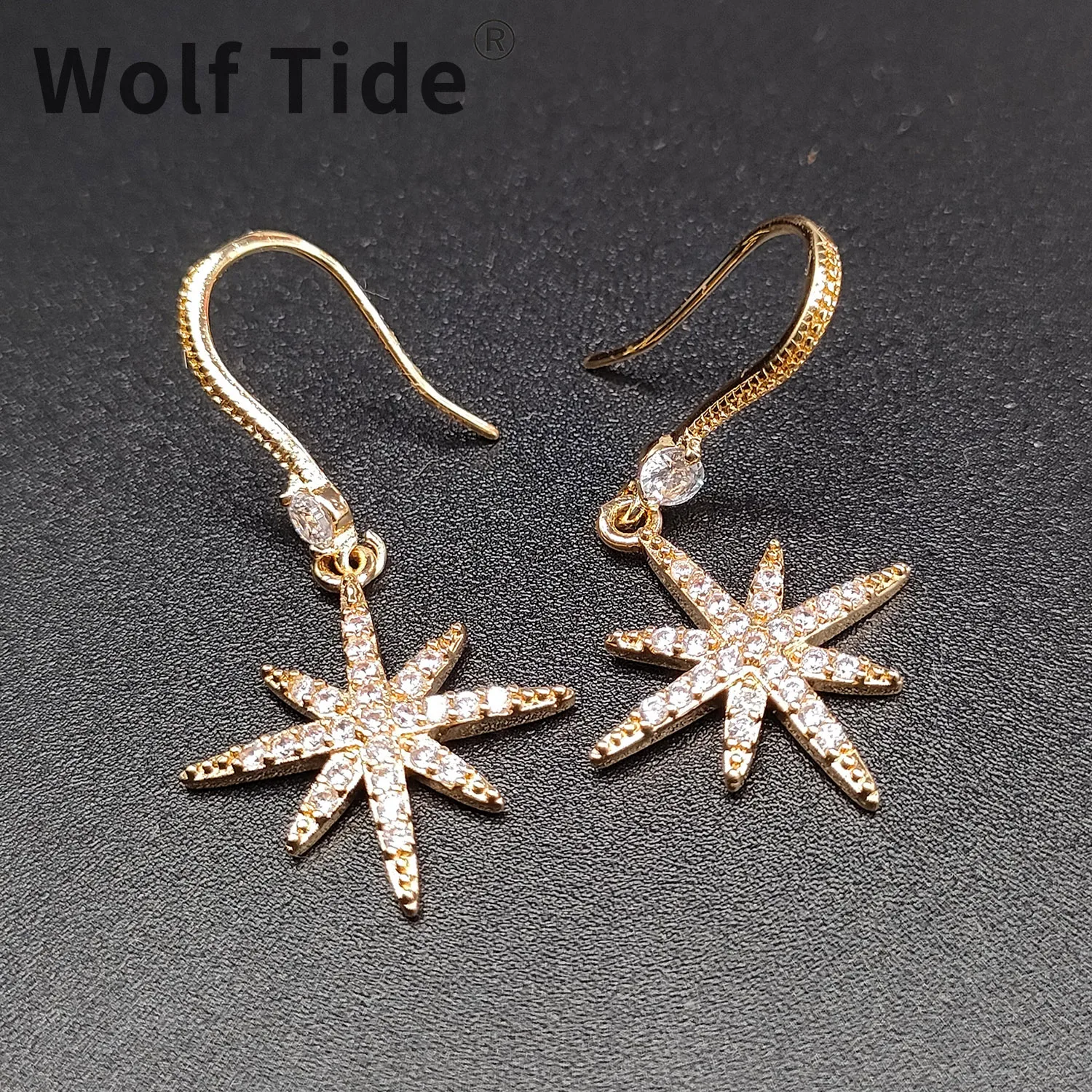 Wolf Tide Luxury Star Dangle Hook Earrings for Women Gold Color Iced Cubic Zirconia Bling Y2k Aesthetic  Jewelry Accessories