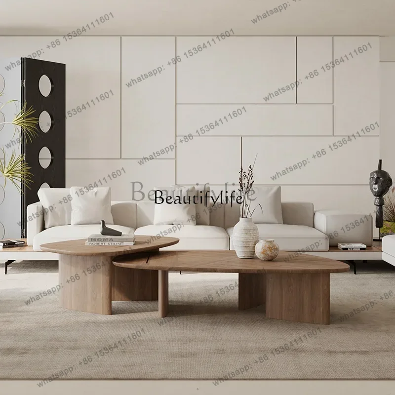 FGItalian minimalist solid wood hollow coffee table combination living room walnut pattern set