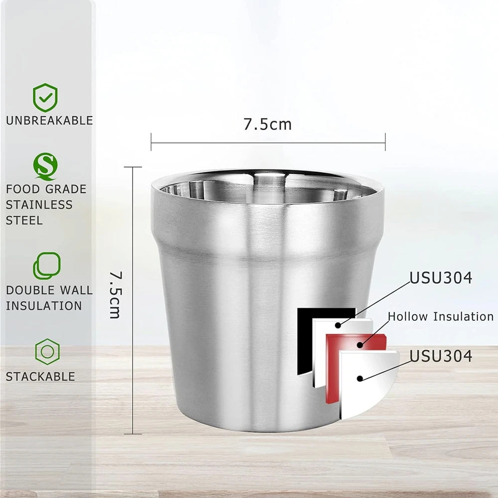 175ml Stainless Steel Double Walled Cups Stackable Set of 6 Coffee Cup Tea Chilling Beer Glasses for Home Travel Camping