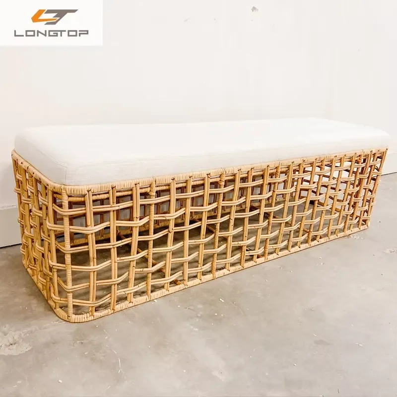 Factory Good Selling Courtyard Fresh Natural Welding Metal Rattan Soft Seat Bench Chair