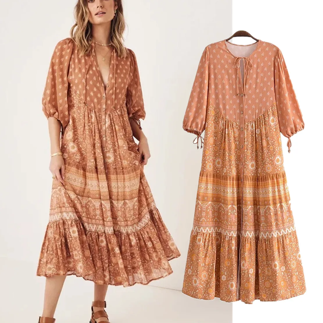 

Jenny&Dave Bohemian Style Buttons Dress Tassles Cotton Loose Maxi Vintage Wood Dress Women