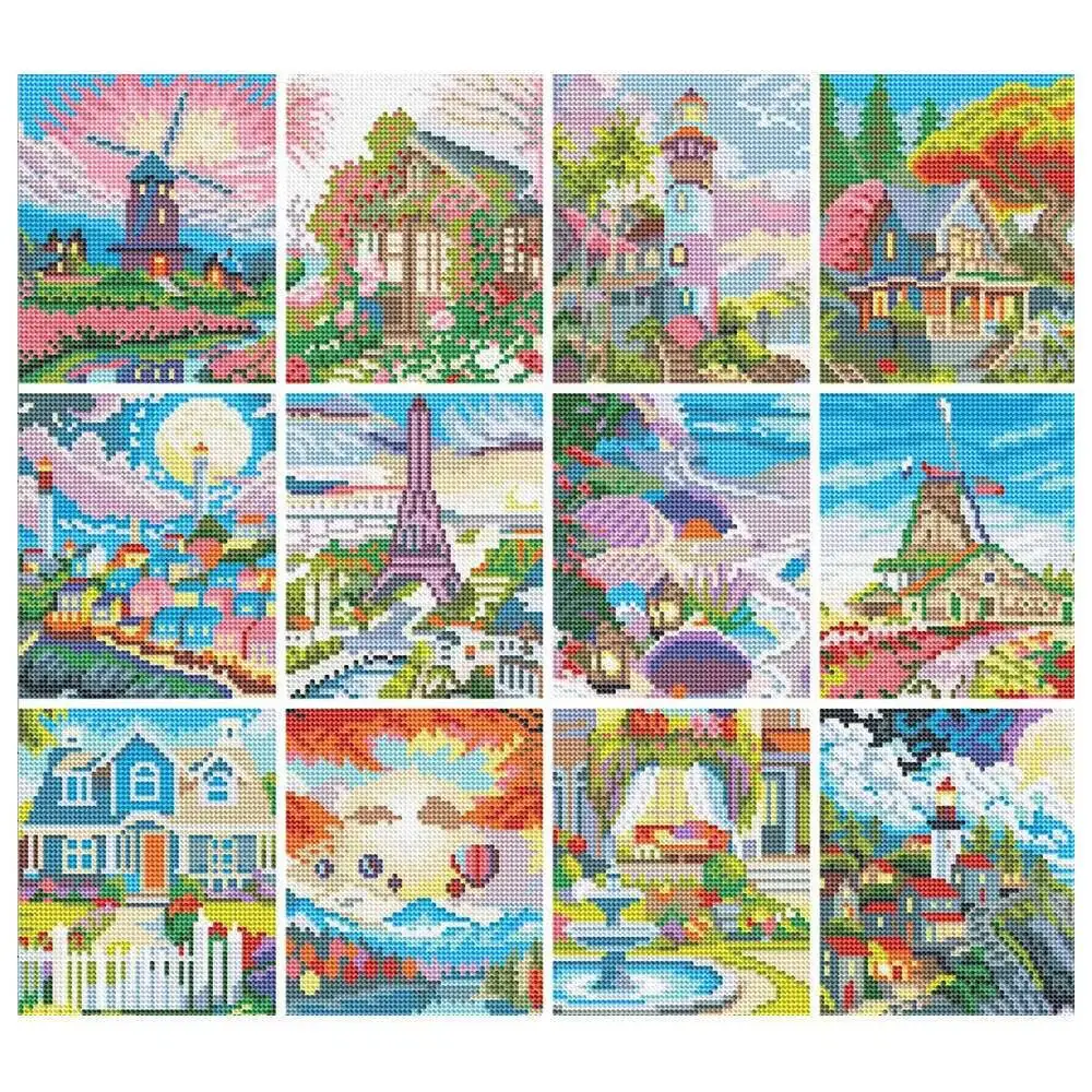 Huacan 12 Stück DIY MINI Diamant Malerei Leuchtturm Haus voller runder Bohrer Stickerei Landschaft Mosaik Handwerk Set für Desktop