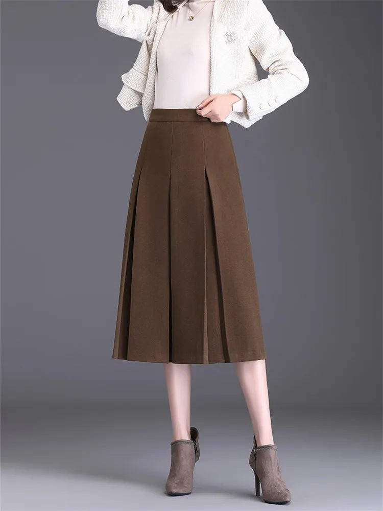 여성용 우아한 블랙 모직 플리츠 스커트, 두꺼운 지퍼, 하이 웨이스트 슬림, 캐주얼 오피스 레이디 정장, 롱 스커트 6782, 가을 겨울