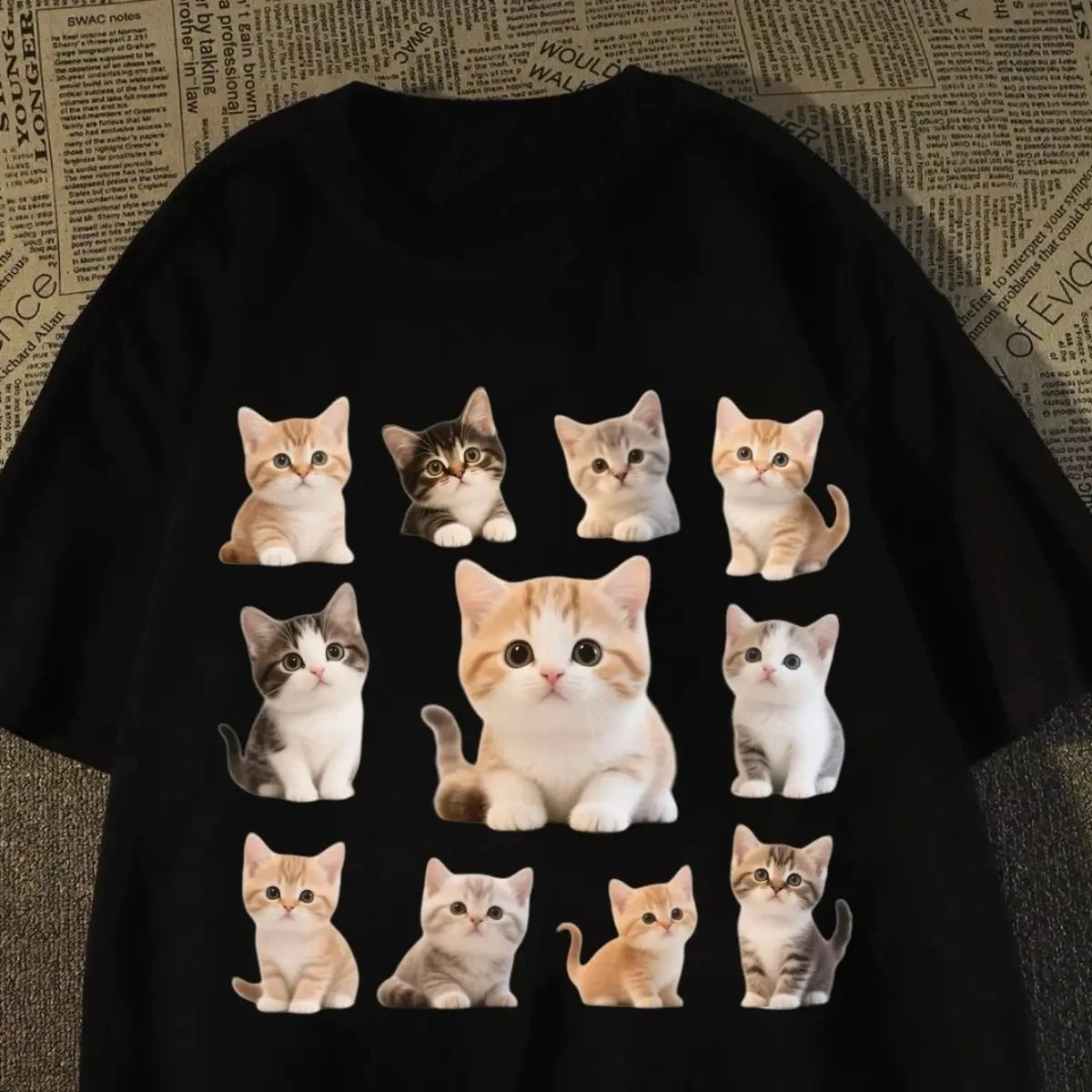 

Летние женские топы, футболка с милым принтом кота, круглым вырезом и короткими рукавами, модные футболки с графическим рисунком, топ Y2k, женская одежда