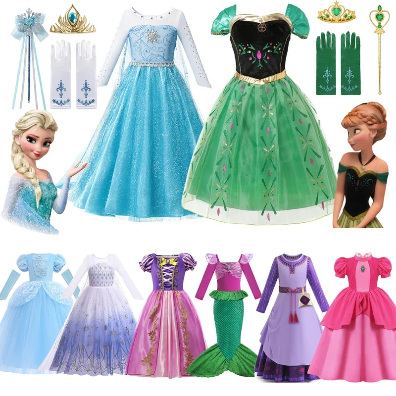 Kids Princess Costume Frozen Elsa Anna Party Carnival Rapunzel Peach Dress Up Girs Birthday Cosplay Mermaid Cinderella Vestidos