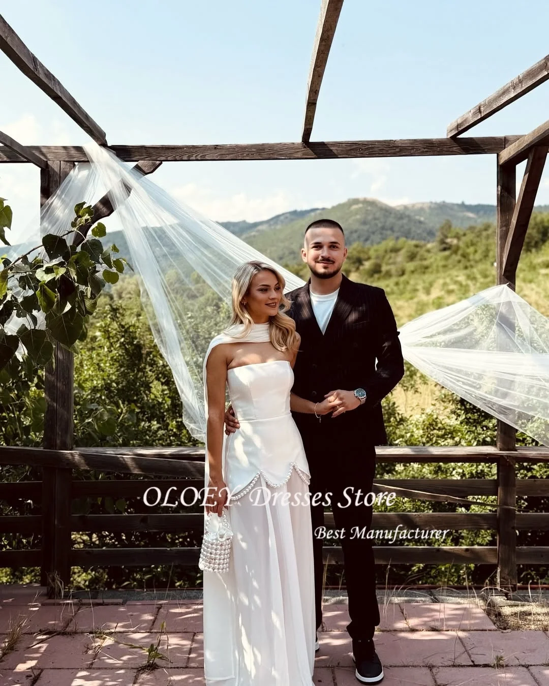 OLOEY ใหม่ Elegant สีขาว Strapless 2 ชิ้นงานแต่งงานชุดไข่มุกผ้าคลุมไหล่แขนกุดความยาวชั้นชีฟองชุดราตรี Customsied