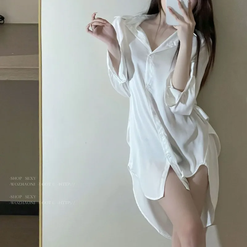 Smooth and Soft Pajamas Women' Summer Thin Pure Desire New Large Size White Shirt Pajamas Hot High-end Sense Can Be Worn Outside