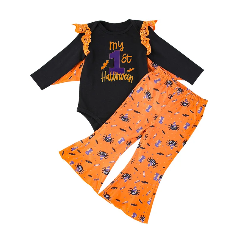 Autumn and Winter Girls' New Bat Letter Cartoon Cute Print Halloween Long Sleeve Wings Ha Yi Long Pants Party Set