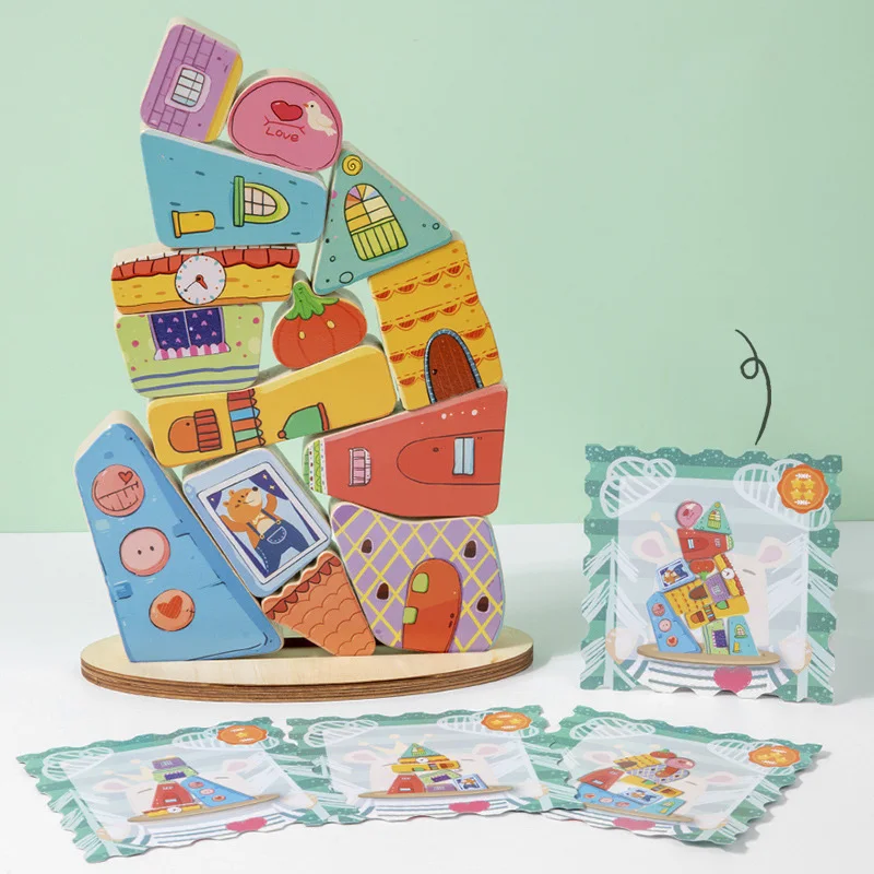 Casa de madeira empilhamento bloco jogo forma correspondência quebra-cabeça equilíbrio brinquedo montessori treinamento motor fino brinquedos educativos para crianças