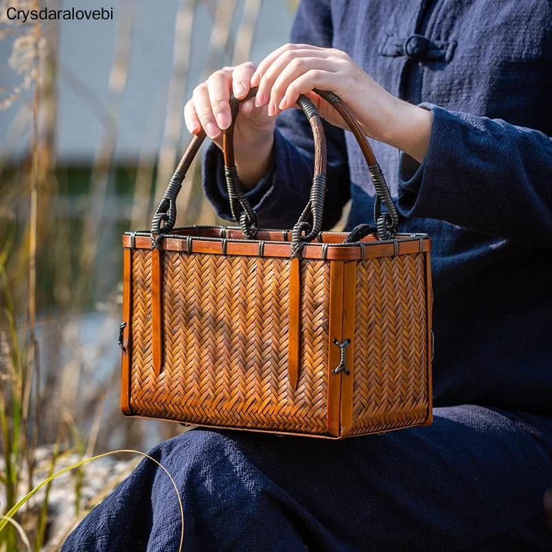 Japanese-style Bamboo Woven Storage Bags Handmade Retro Basket Chinese Style Teacup Teapot Bags Travel Outdoor Tea Cozies