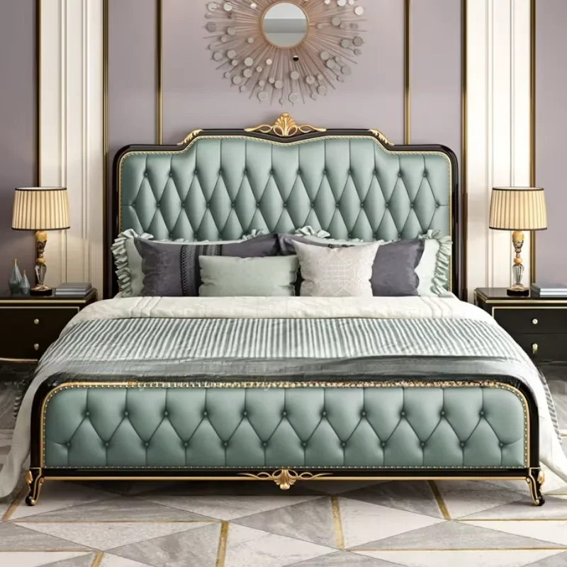 High End Double Bed Frame Designer Glamorous Wood Headboard Twin Bed Frame Modern European Cama Box Casal Home Furnitures