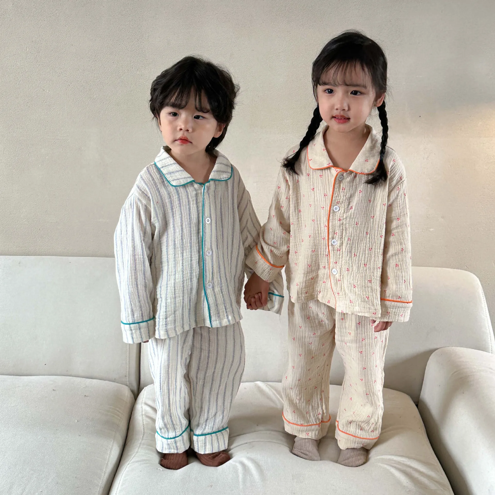 Pajama Sets New Spring Autumn Season Pure Cotton Gauze Baby Long Sleeved Girl Boys Childrens Clothing Sleepwear