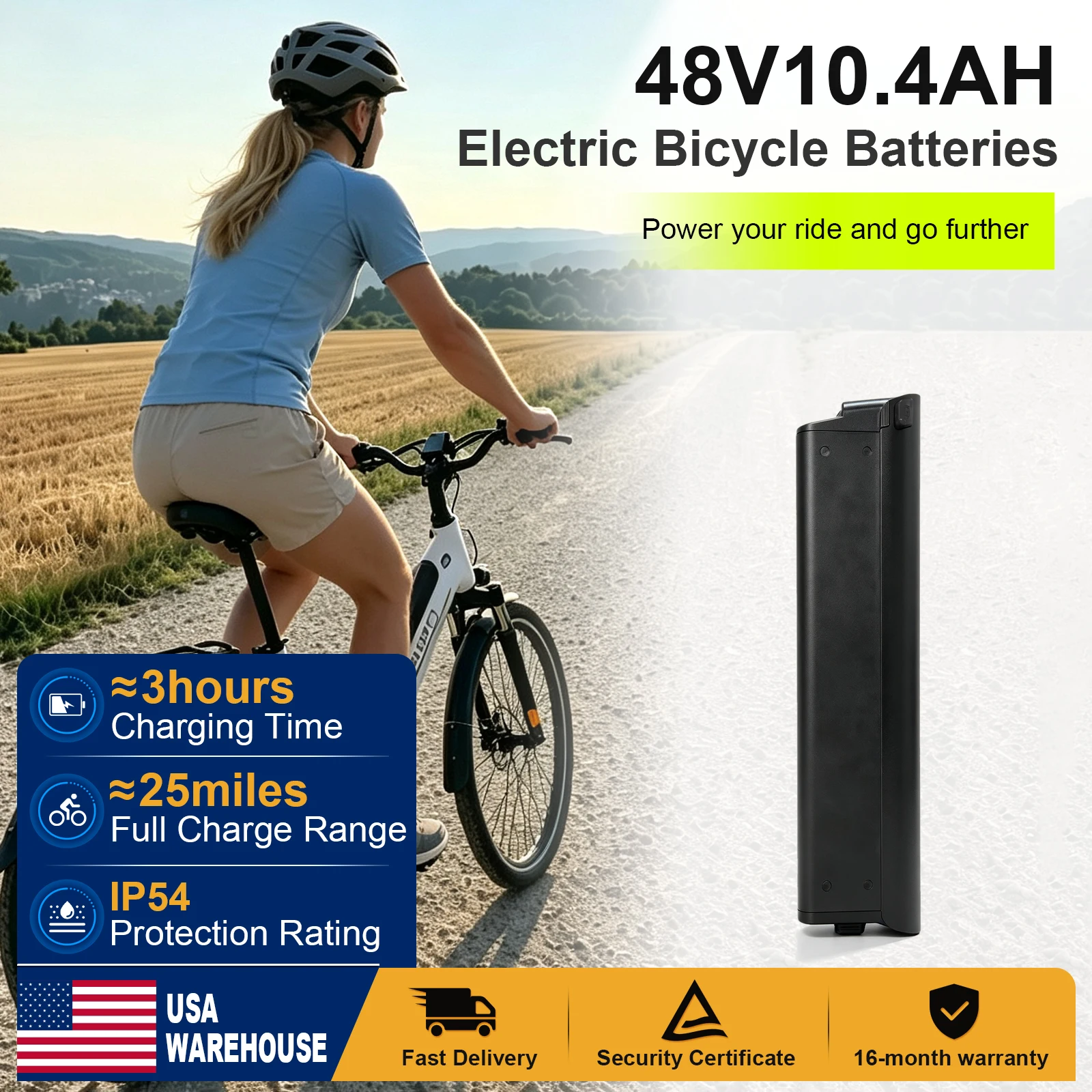 48V 10.4Ah Removable Ebike Battery for Jasion EB5 Roamer ST and IGO Discovery for 100-800W Electric Bike Motor BMS Removable E Bike Battery with 54V/3A Charger Safety Locks (UL-certified)