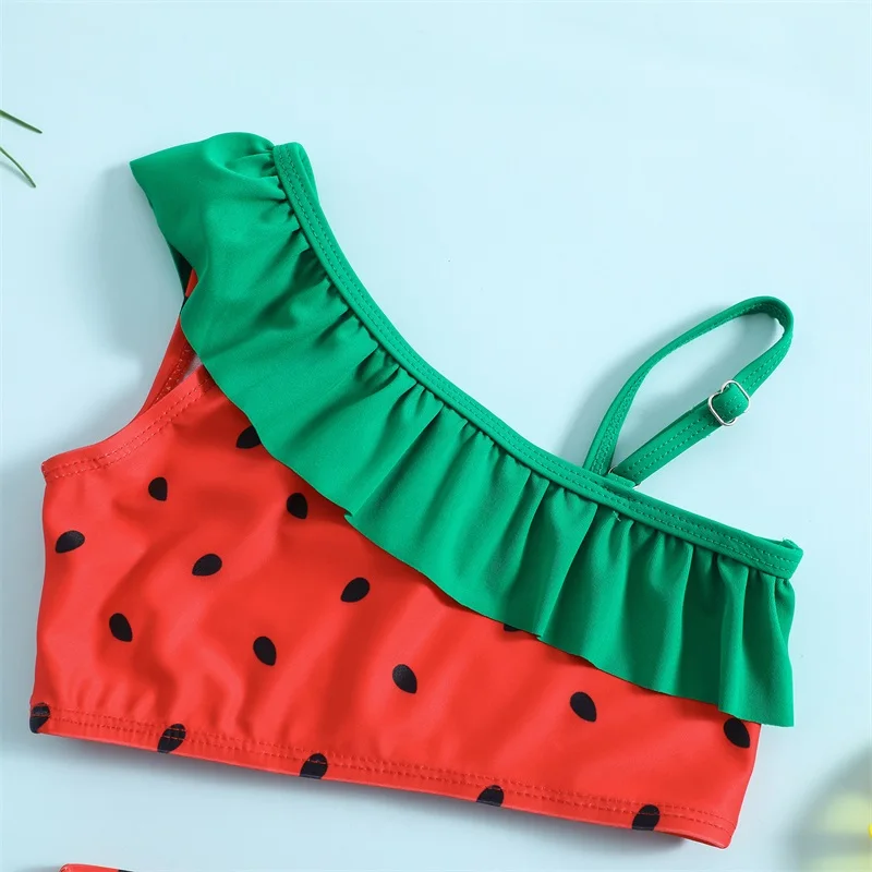 Kids Girls Bikini Set Ruffled Watermelon Seeds Print Tops and Briefs for Summer Beach