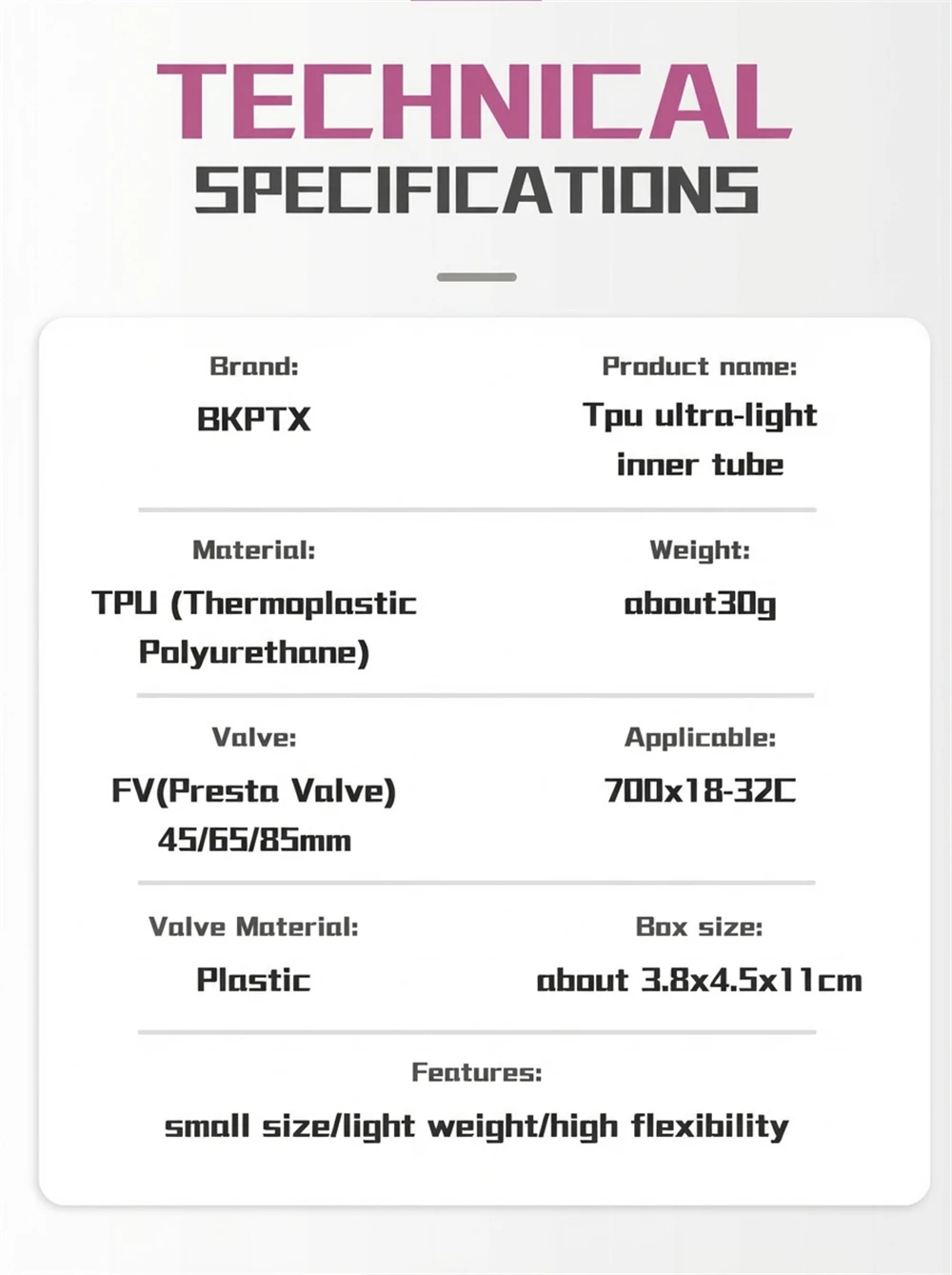 BKPTX 1 Stück/2 Stück 28g Orange Fahrrad-TPU-Schlauch 700X18 25 28 32 Rennrad-TPU-Reifen 65mm Länge mit französischem Ventil – Detail 14