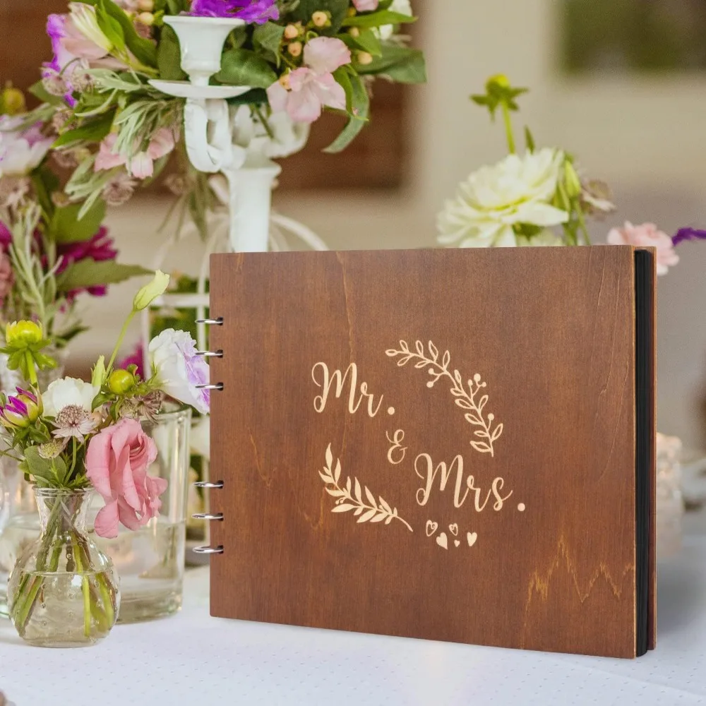 

1PC Wooden Guest Book Wedding Decorations Rustic Message Book Engraved Wreath Logo Name Date for Bridal and Decoración De Bodas