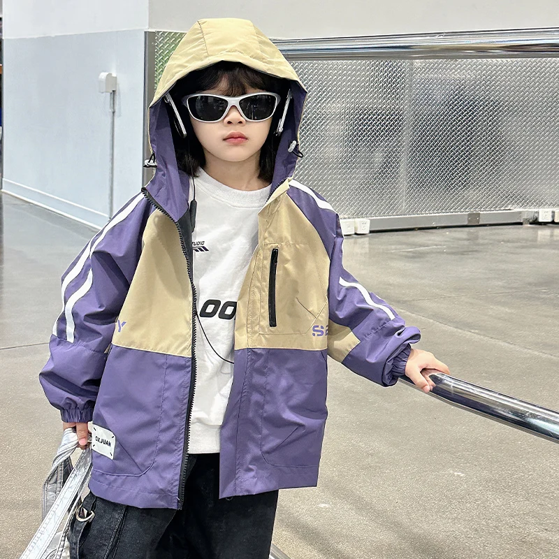 Hip Hop Streetwear Jacket Boys Autumn Windbreaker Korean Color Block Parchwork Track Jacket Children's Clothes Loose jacket 2024