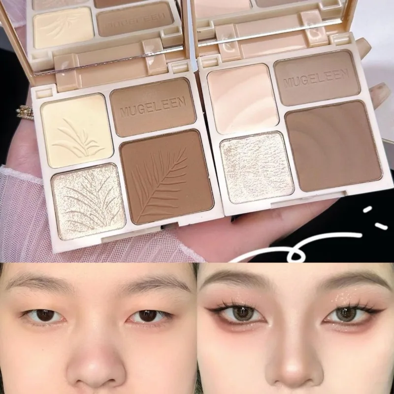 4-Color Long-Lasting Contour & Highlight Powder Palette with Mirror for Natural Glow, Suitable for All Skin Tones