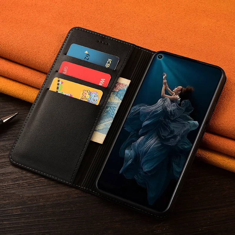 

For Honor Play 3 4 4T 5 5T 6T 7T Pro Napa Below Grid Pattern Genuine Leather Wallet Flip Phone Cover Case Cowhide Scratch Proof