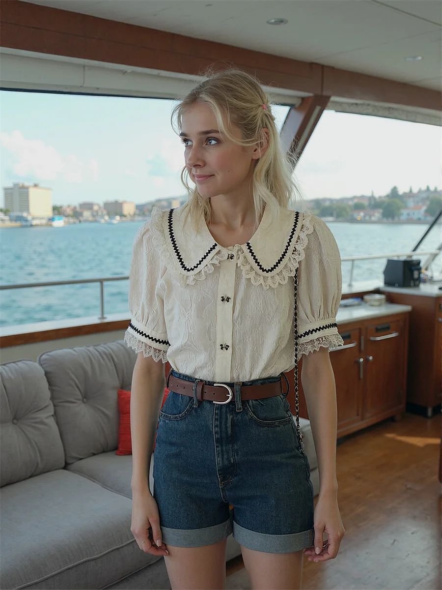 لطيف الدانتيل قمصان الفتيات البلوزات الملابس للنساء الصيف بلايز الخطوط الطويلة عيد الحب Bodycon عمال عادية واسعة استرخاء مزيج Ins