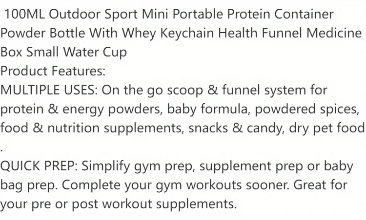 100ML Outdoor Sport Mini Tragbare Protein Behälter Pulver Flasche Mit Molken Schlüsselbund Gesundheit Trichter Medizin Box Kleine Wasser Tasse – Detail 6