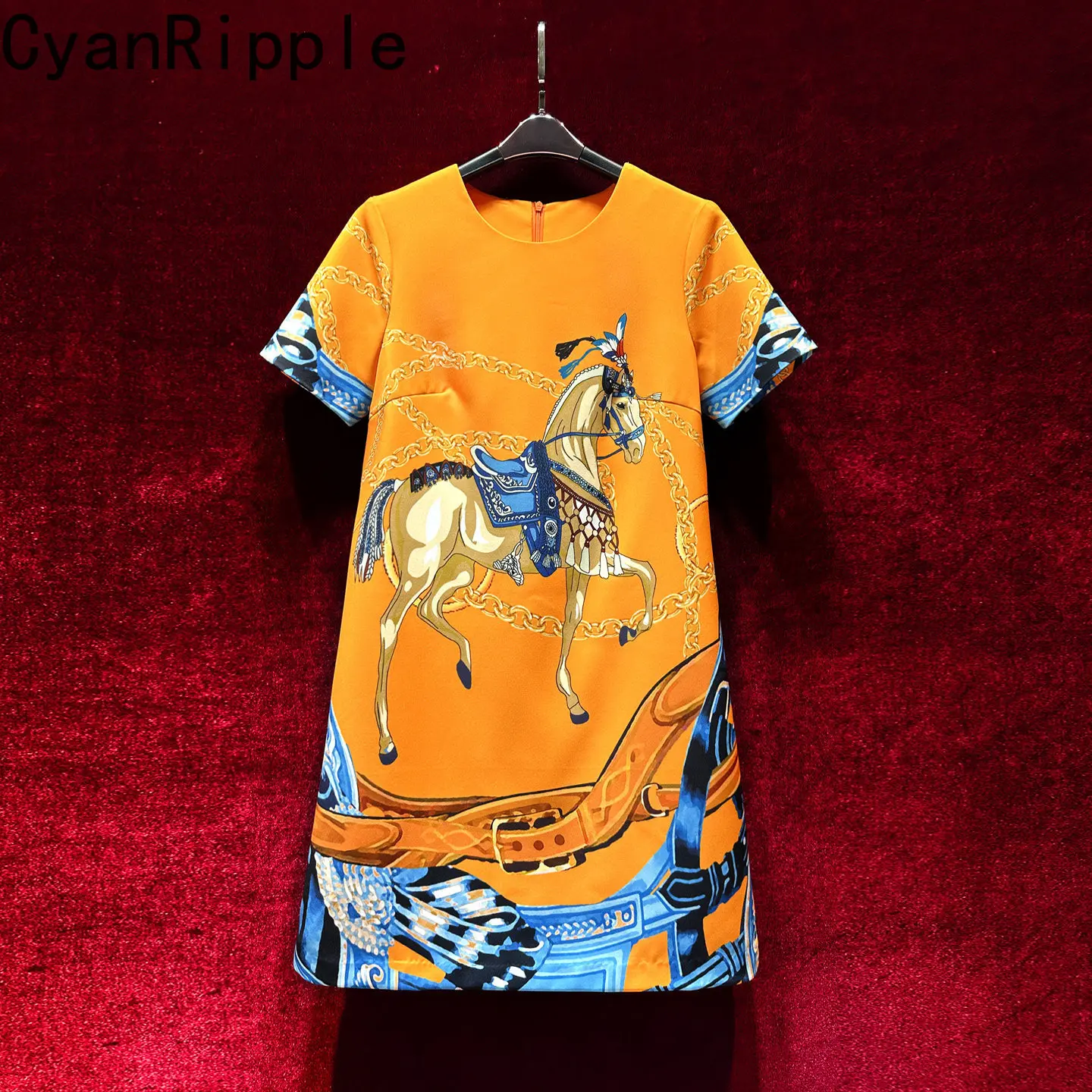 

High Quality New Spring Summer Orange Short Sleeve Dress Women Round Neck Cartoon Printed Fashionable Casual A-line Dress 2026