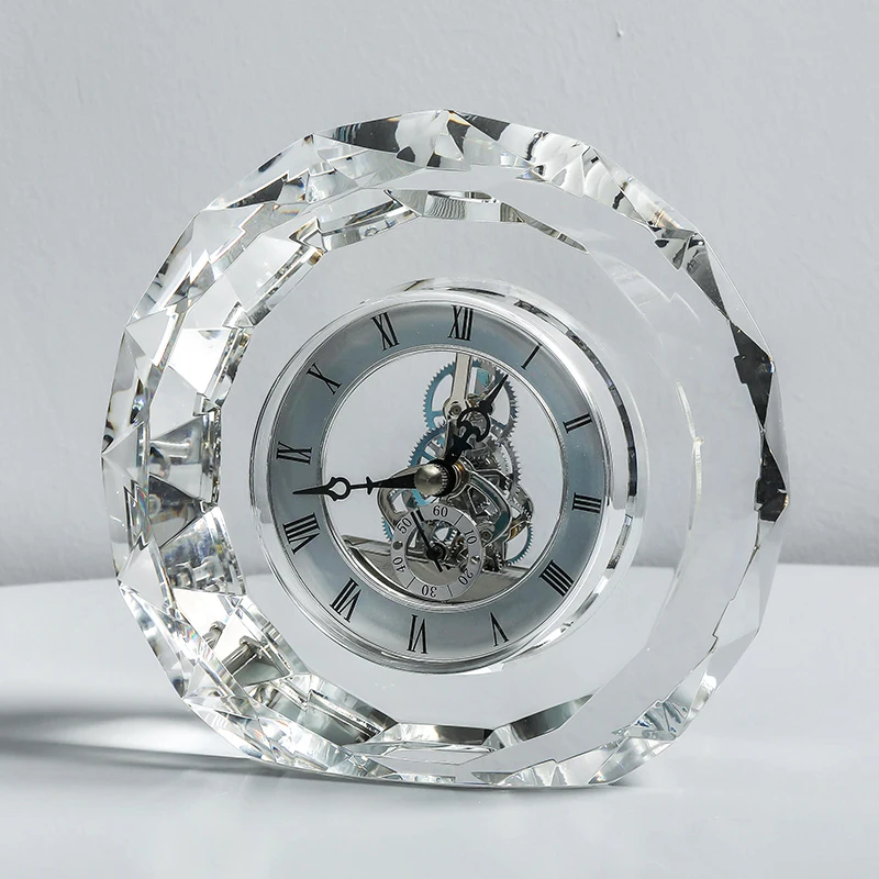 Clear Crystal Quiet Table Clock Modern Round With Gold Silver Quartz Movement For Home Office Desk Decoration Luxury Gifts