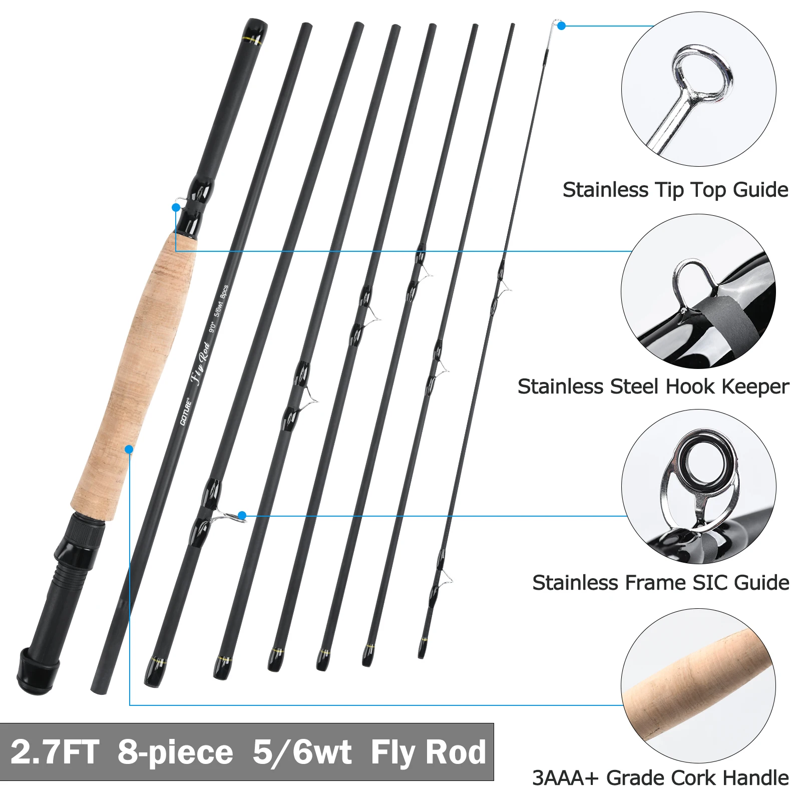 Goture 8Section Travel Fly Fishing Rod Combo 5/6# Stream Rod Kit  With Reel Line Lure Full Set Fishing Tackle For Fly Fishing