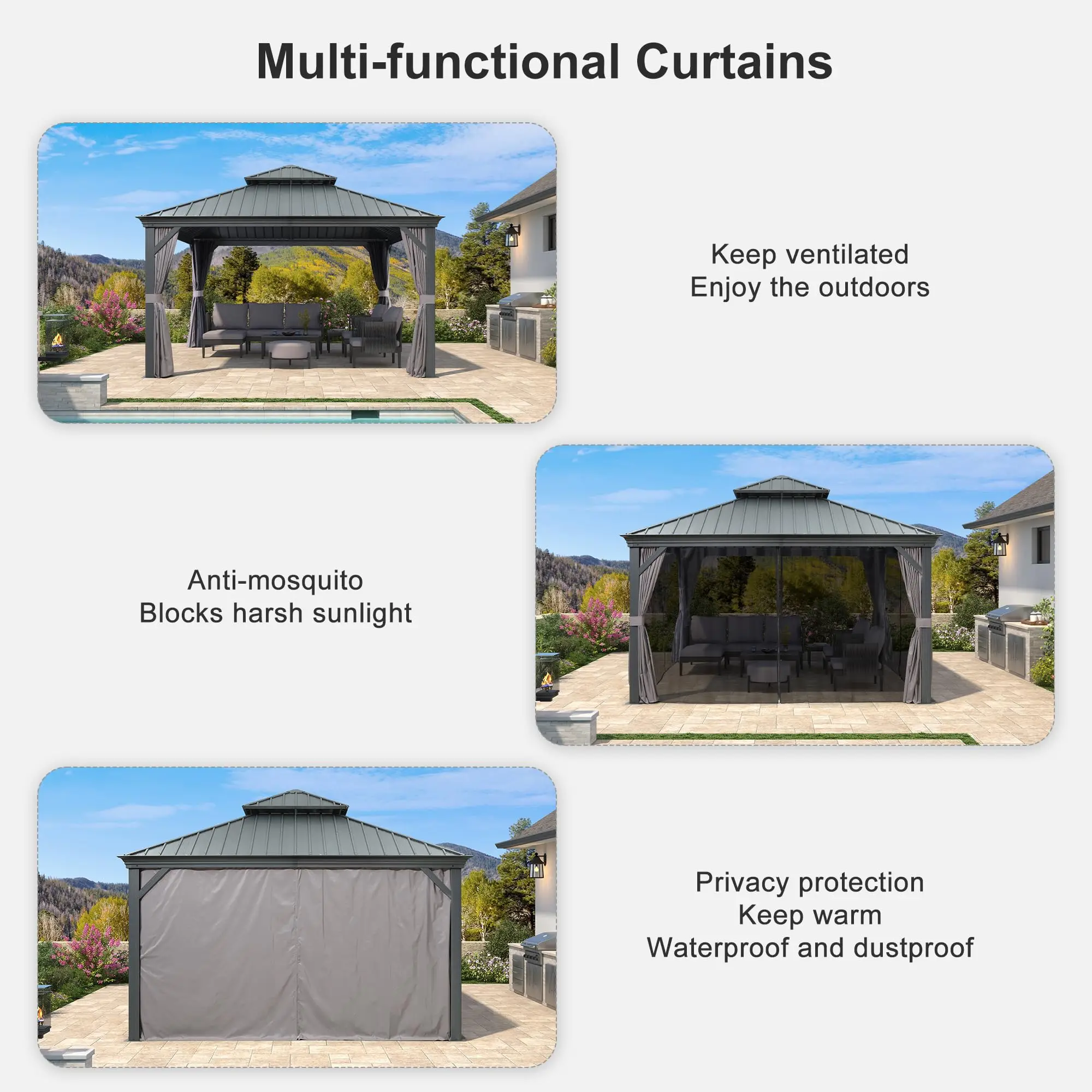 Sunshade Canopy 13' X 13'Gazebo Garden Courtyard Solar Shed Bbq Grill Modern Balcony Terrace Four Corner Pavilion Awning Patio