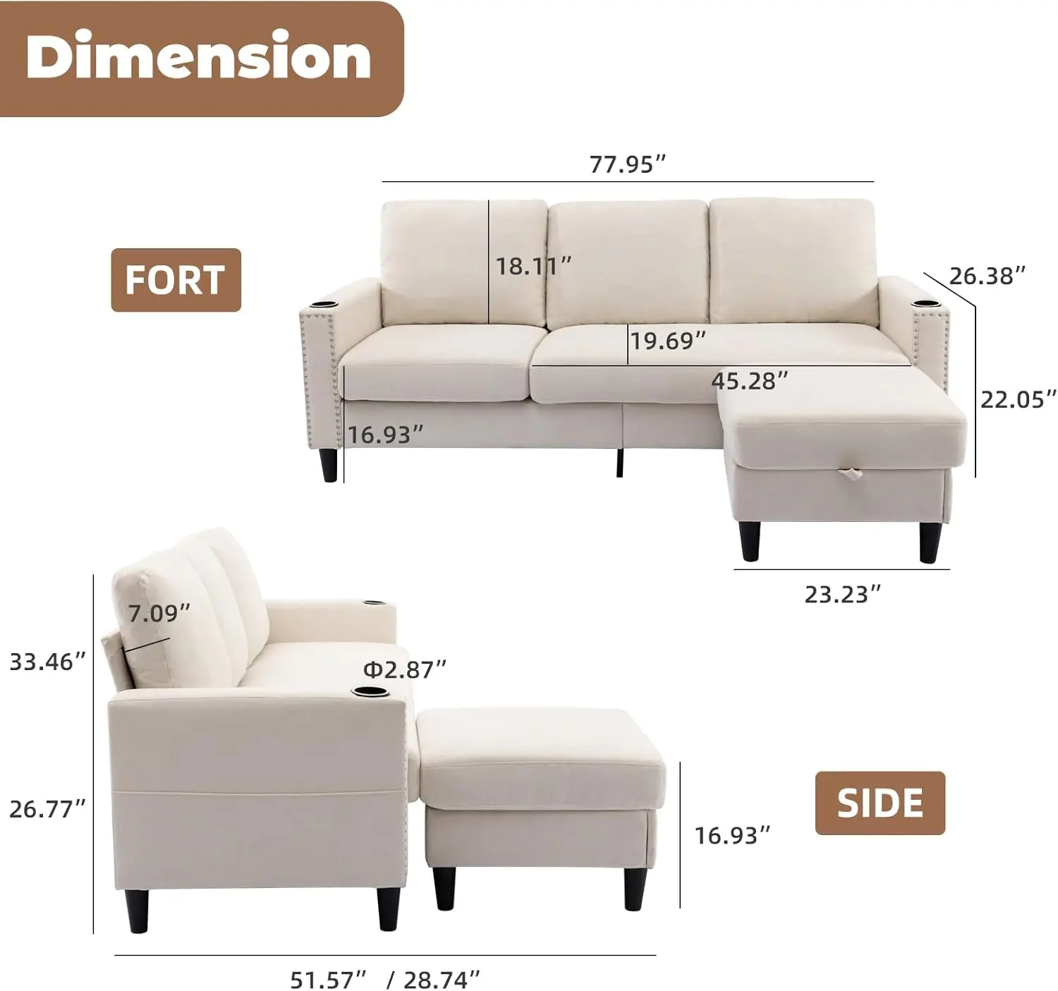 Sofá secional em forma de L para a sala de estar, 3 sofás dos assentos com chaise do armazenamento, 2 suportes do copo, sofá pequeno para a sala de estar