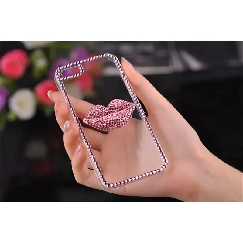 Luxury Bling Rhinestone Pink Lips Cover, for Samsung Galaxy S23 Ultra, S24, S21, S22, Note8, 9, 10, 20 Plus, Case