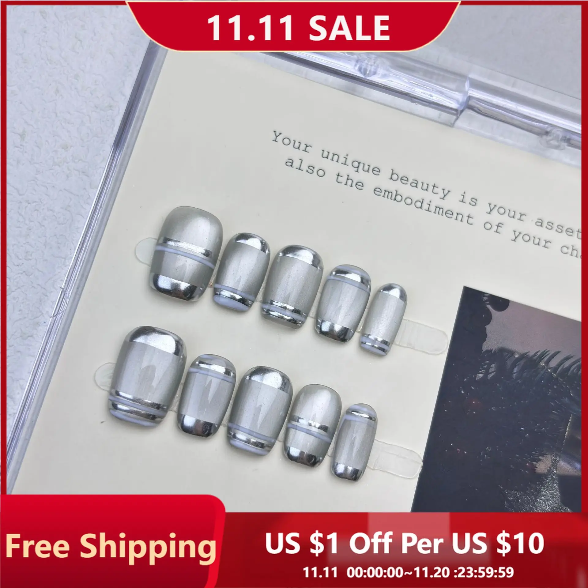 

10pcs Handmade Press on Nails Mirror Silver Electroplated Cat's Eye Nail Polish False Nail for Women&Girl Detachable Fake Nail