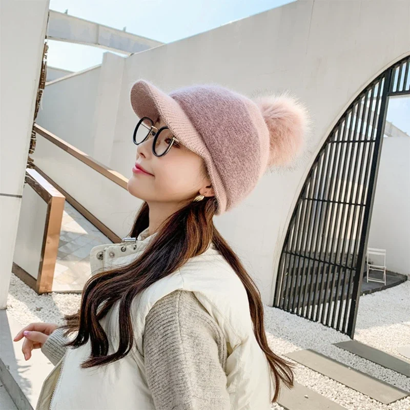 Luxury Women Winter Thick Warm Fuzzy Knit Beanie Cap with Visor Bill Cute Pompom Cold Weather Windproof Skullies Baseball Cap